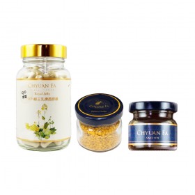｜泉發蜂蜜百年老店｜蜂王乳Q10亮皙膠囊100粒 + 蒲鹽花粉30g + 藍帶款迷你蜜50g｜三款優惠組｜